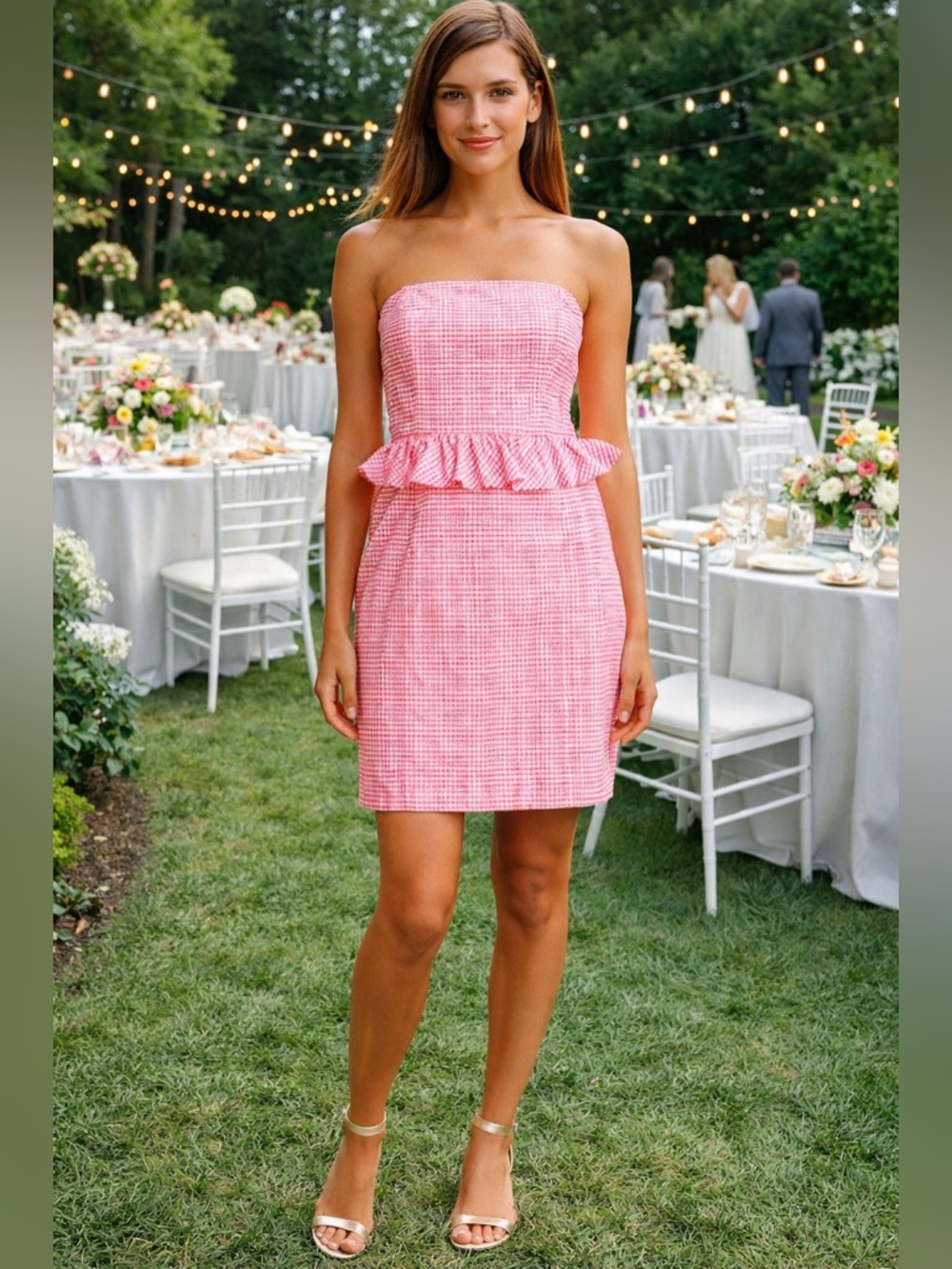 Lilly Pulitzer Lowe Dress Fiesta Pink Pretty Gingham Peplum Cotton Mini 6